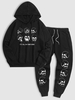 Halloween Skulls Print Front Pocket Hoodie and Sports Jogger Pants Set Outfit Black