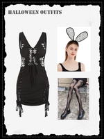 Halloween Tights and Slit Bodycon Dress and Rabbit Ears Hairband Set Black