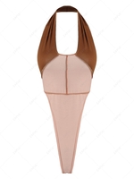 Halter Bicolor High Leg Topstitching Bodysuit M Light coffee