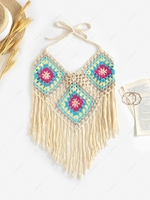 Halter Braided Crochet Fringed Top L Light yellow