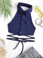 Halter Button Up Backless Midriff Flossing Crop Top L Deep blue