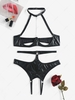 Halter Chain Decor Cupless Bra and Open Crotch Panty PU Lingerie Set S Black