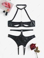 Halter Chain Decor Cupless Bra and Open Crotch Panty PU Lingerie Set S Black