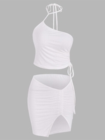 Halter Cinched Slit Two Piece Skirt Set M White