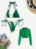Halter Colorblock String Bikini Swimwear with Knotted Lapel Crop Shirt Green