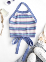Halter Colorful Striped Backless Knit Crop Top L Blue