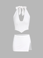 Halter Corset-style Top and Micro Mini Skirt Set L White