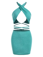 Halter Criss Cross Bodycon Skirt Set L Green