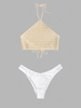 Halter Crochet Knit Backless Top With High Leg Bikini Bottoms Light coffee