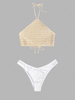 Halter Crochet Knit Backless Top With High Leg Bikini Bottoms Light coffee