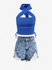 Halter Cross Top and Cutoff Shorts Set Blue