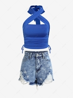 Halter Cross Top and Cutoff Shorts Set Blue