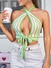 Halter Crossover Crochet Knit Striped Crop Top L Green