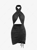 Halter Crossover Frilled Cutout Ruched Slinky Open Back Dress L Black