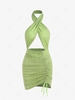 Halter Crossover Frilled Cutout Ruched Slinky Open Back Dress L Green