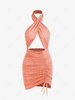 Halter Crossover Frilled Cutout Ruched Slinky Open Back Dress M Light orange