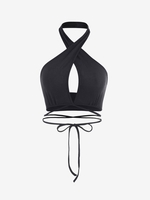 Halter Crossover Knit Midriff Flossing Top L Black