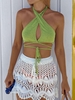 Halter Crossover Knit Midriff Flossing Top L Green