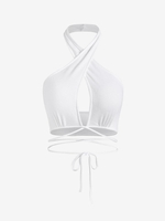 Halter Crossover Knit Midriff Flossing Top L White