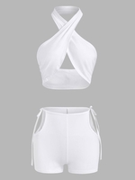 Halter Crossover Underboob Top and Tie Cutout Shorts Set L White
