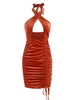 Halter Crossover Velvet Ruched Slinky Dress L Dark orange