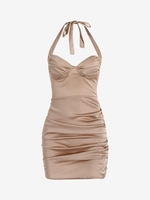 Halter Cupped Backless Ruched Bodycon Dress L Light coffee