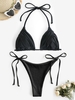 Halter Curtain String Tie Metallic Bikini Swimwear Black