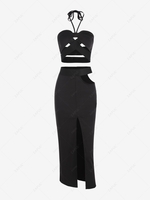 Halter Cut Out Criss Cross Back Slit Skirt Set S Black