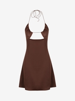 Halter Cut Out Open Back Silky Dress M Coffee