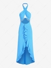 Halter Cut Out Ruffle Beads Tassel Maxi Dress L Blue