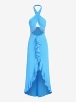 Halter Cut Out Ruffle Beads Tassel Maxi Dress S Blue