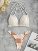 Halter Ethnic Patchwork Print O Ring Bikini Swimwear Light coffee