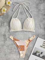 Halter Ethnic Patchwork Print O Ring Bikini Swimwear Light coffee