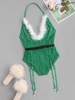 Halter Feather Trim Lace Belted Gartered Teddy L Green