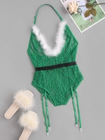 Halter Feather Trim Lace Belted Gartered Teddy L Green