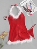 Halter Feather Trim Mesh Flyaway Babydoll Set M Red