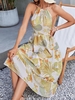 Halter Floral Leaves Print Backless Midi Dress L Deep yellow