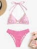 Halter Floral Ribbed Scalloped Cheeky Bikini Swimwear Light pink