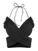 Halter Frilled Crossover Ruched Crop Top L Black