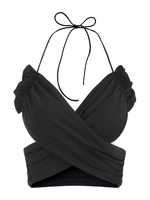 Halter Frilled Crossover Ruched Crop Top L Black