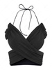 Halter Frilled Crossover Ruched Crop Top M Black