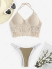 Halter Fringed Crochet Knit Bralette Top and Contrast Piping Textured Bikini Bottom Light coffee
