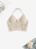 Halter Fringed Trim Crochet Knit Bralette Top Light coffee
