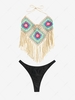 Halter Granny Crochet Fringed Top With Thong Bikini Bottoms Multi a