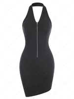 Halter Half Zip Slinky Asymmetrical Dress M Black