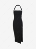 Halter High Slit Metal Embellished Slinky Dress L Black