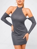 Halter Knit Cutout Cold Shoulder Backless Dress L Gray