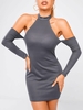 Halter Knit Cutout Cold Shoulder Backless Dress S Gray