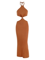 Halter Knit Cutout Slinky Maxi Dress M Orange