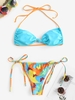Halter Knotted Colorblock Butterfly Print String Bikini Swimwear Blue